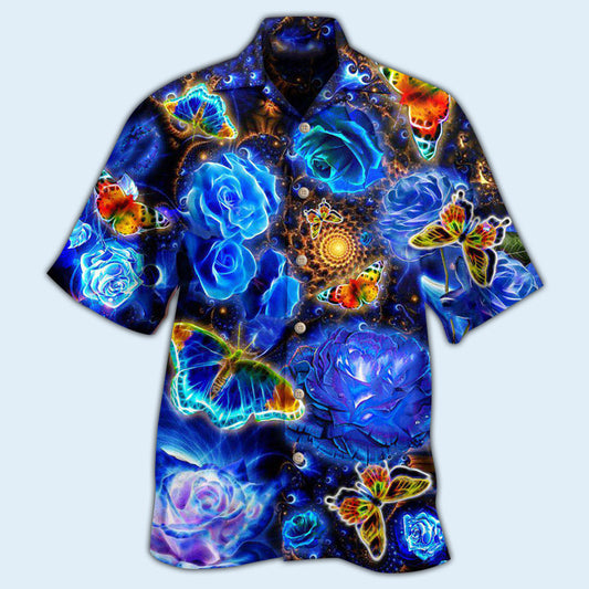 Butterfly Flower Glowing Blue Rose - Hawaiian Shirt 