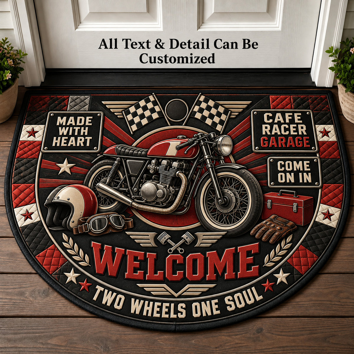 Cafe Racer Garage Personalized Half Round Mat | 5To9Vibe
