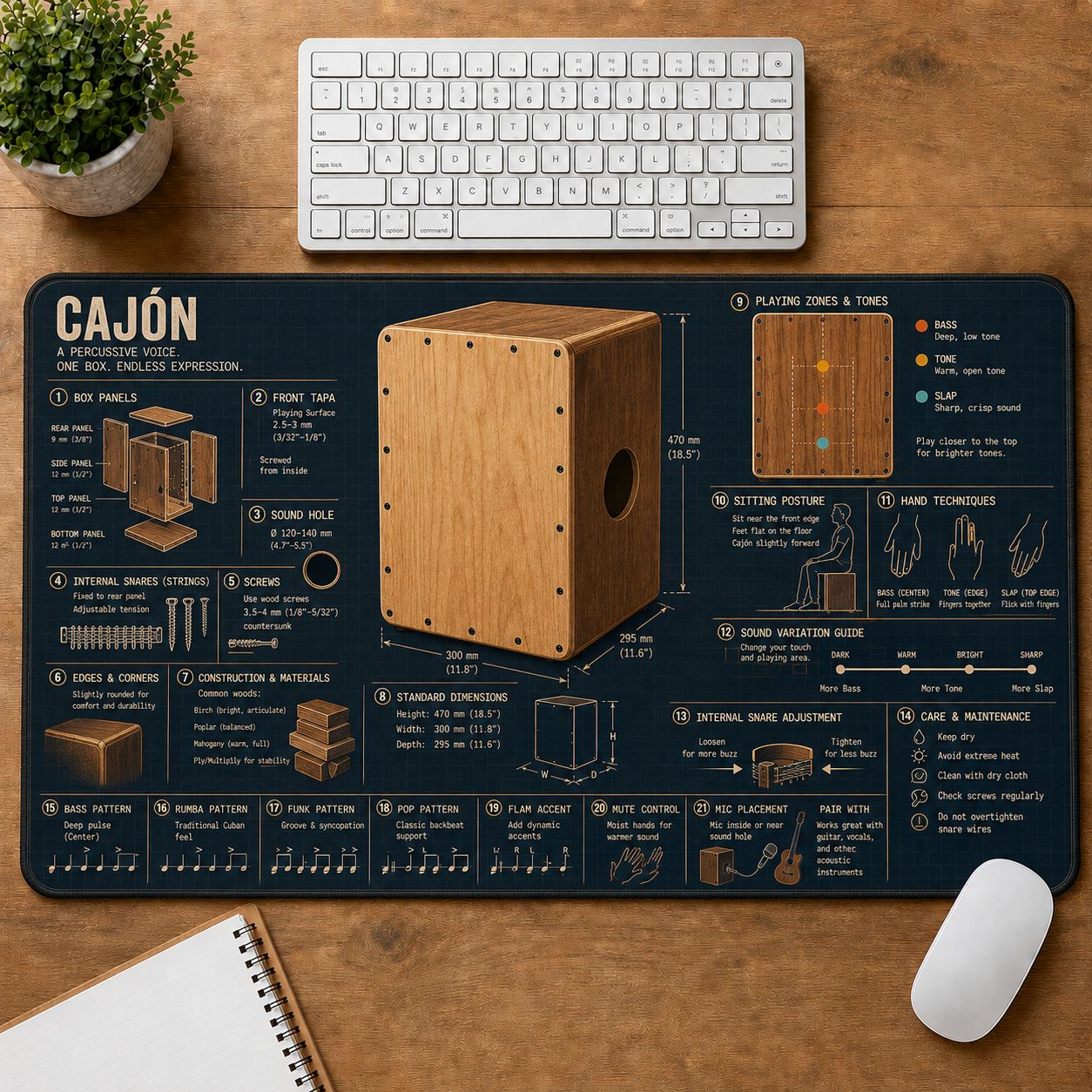 Cajon Musical Instrument Blueprint Guide Desk Mat | 5To9Vibe