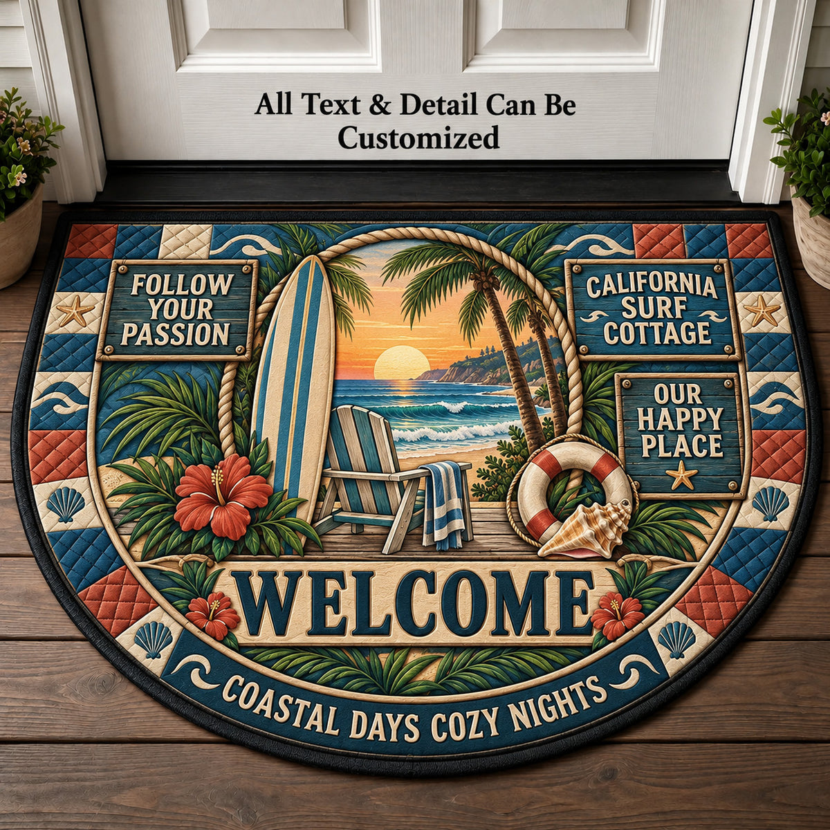 California Surf Cottage Personalized Half Round Mat | 5To9Vibe