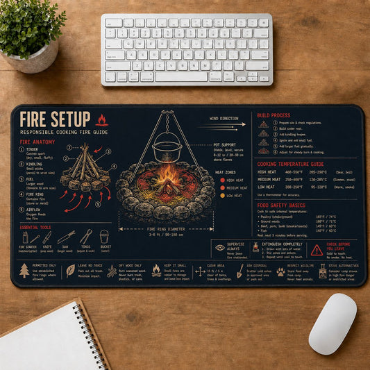 Camp Cooking Fire Setup Cooking Technique & Reference Guide Desk Mat | 5To9Vibe