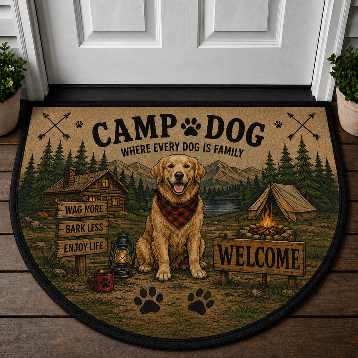 Camp Dog Where Every Dog Is Family Doormat - Golden Retriever Camping Welcome Mat - 5to9vibe