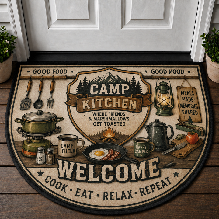 Camp Kitchen Welcome Doormat - Cook Eat Relax Repeat Outdoor Mat - 5to9vibe