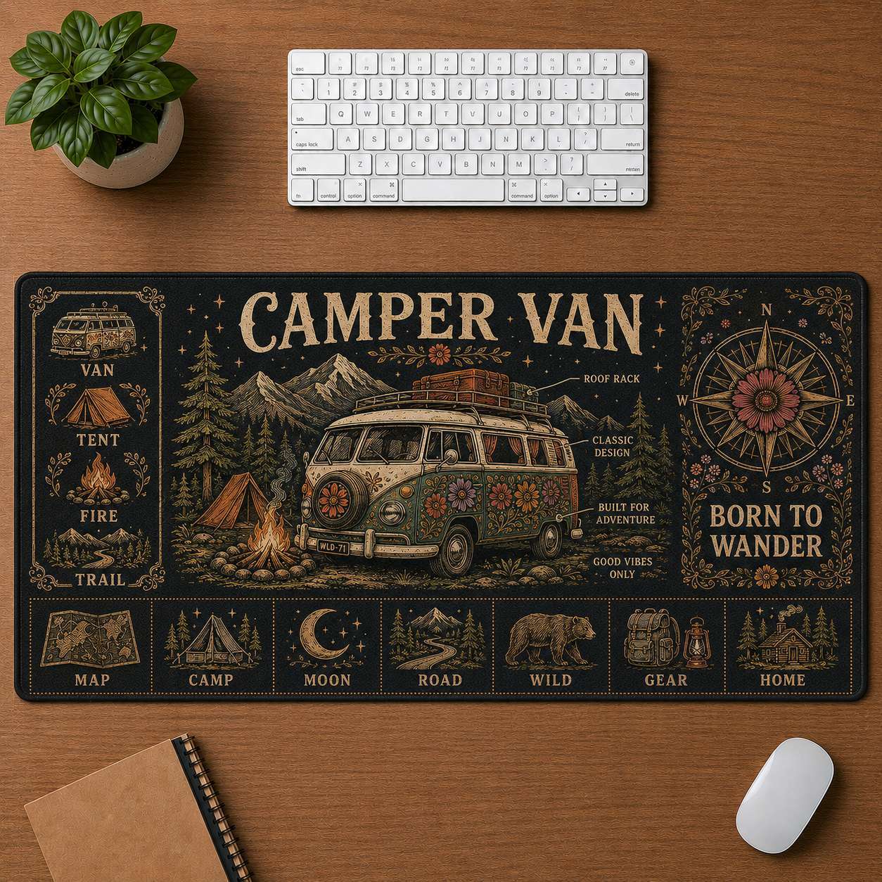Mountain Camping Hippie Desk Mat Mouse Pad | 5To9Vibe - Camper Van style