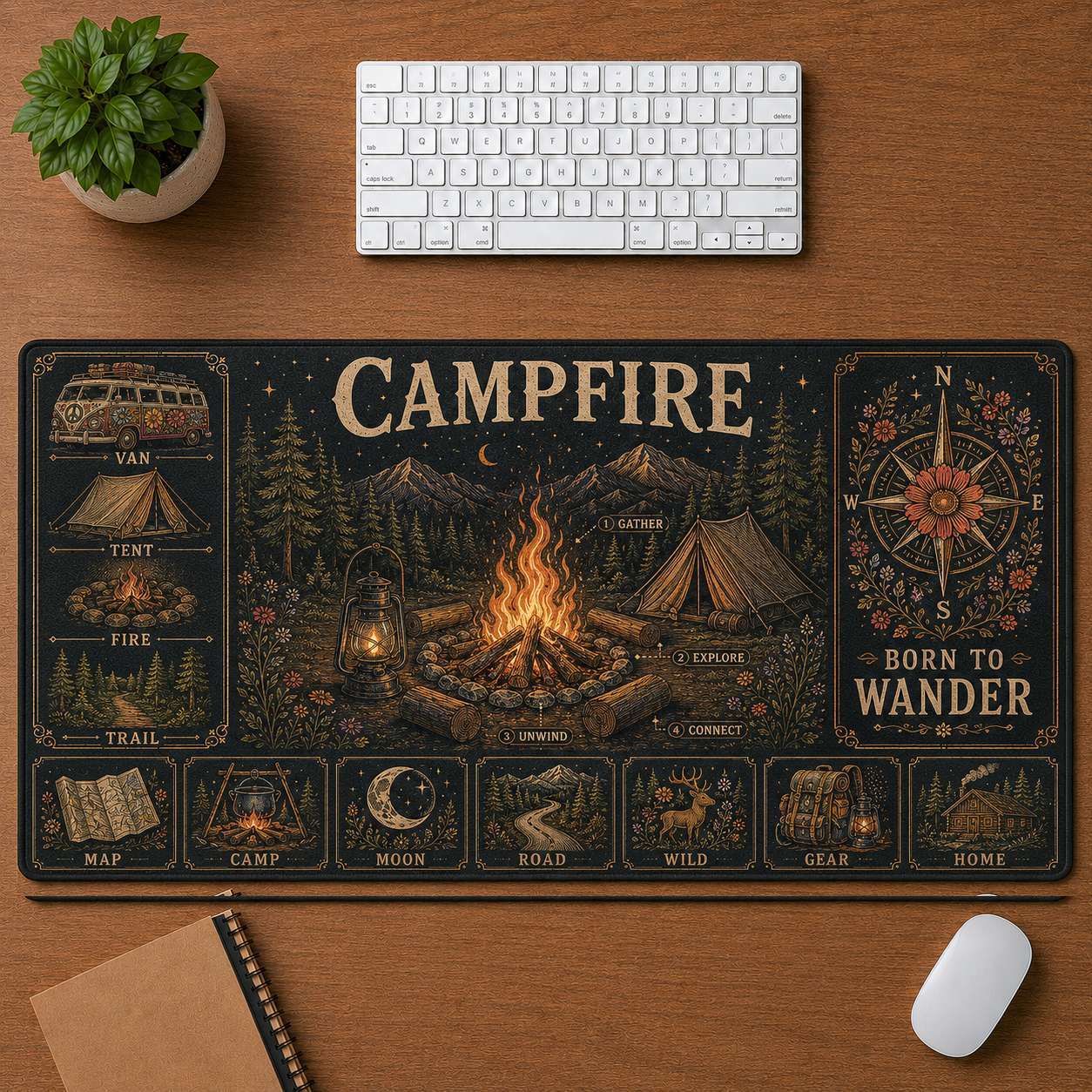 Mountain Camping Hippie Desk Mat Mouse Pad | 5To9Vibe - Campfire style