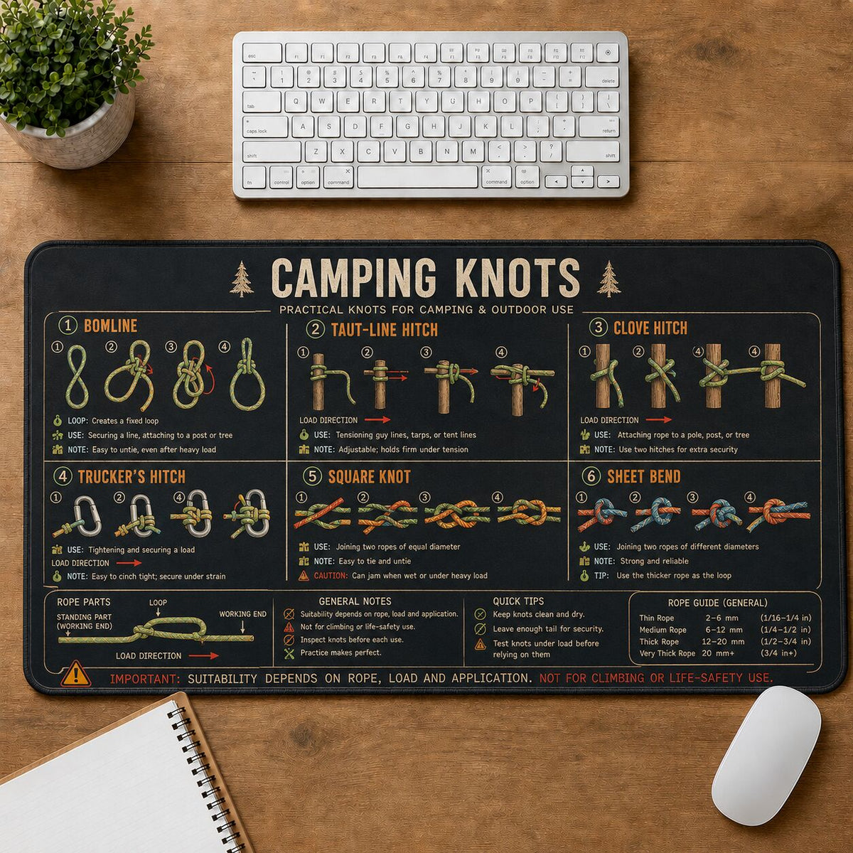 Camping Knots Cheat Sheet Quick Reference Guide Desk Mat | 5To9Vibe