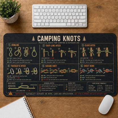 Camping Knots Cheat Sheet Quick Reference Guide Desk Mat | 5To9Vibe