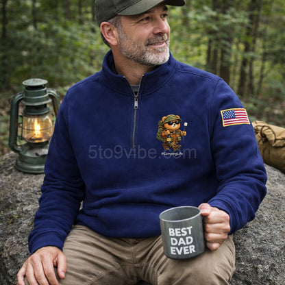 Sudadera Bordada con Cremallera de Cuarto de Acampada, Suéter Divertido de Oso de Acampada, Chaqueta Casual con Cremallera para Hombre, Regalo para Papá Amante de la Acampada