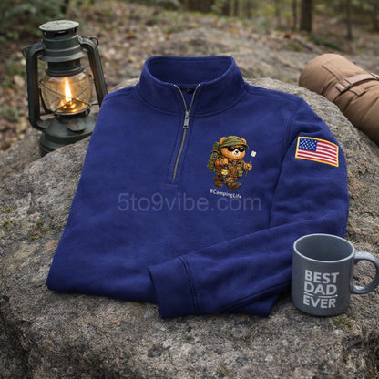 Sudadera Bordada con Cremallera de Cuarto de Acampada, Suéter Divertido de Oso de Acampada, Chaqueta Casual con Cremallera para Hombre, Regalo para Papá Amante de la Acampada