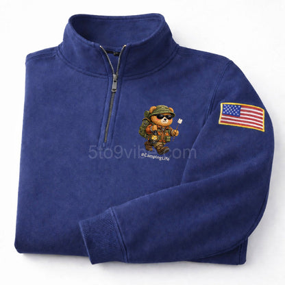 Sudadera Bordada con Cremallera de Cuarto de Acampada, Suéter Divertido de Oso de Acampada, Chaqueta Casual con Cremallera para Hombre, Regalo para Papá Amante de la Acampada