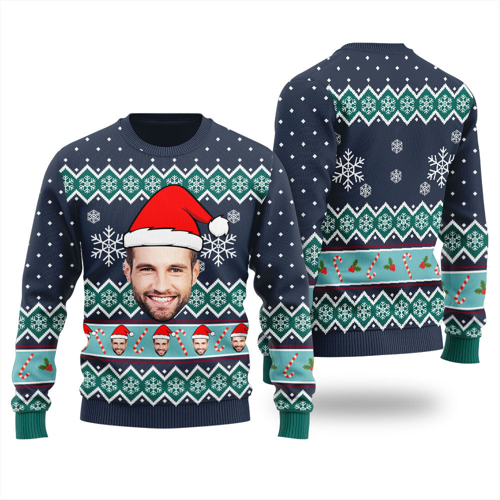 Custom Funny Face Ugly Christmas Sweaters With Candy Canes