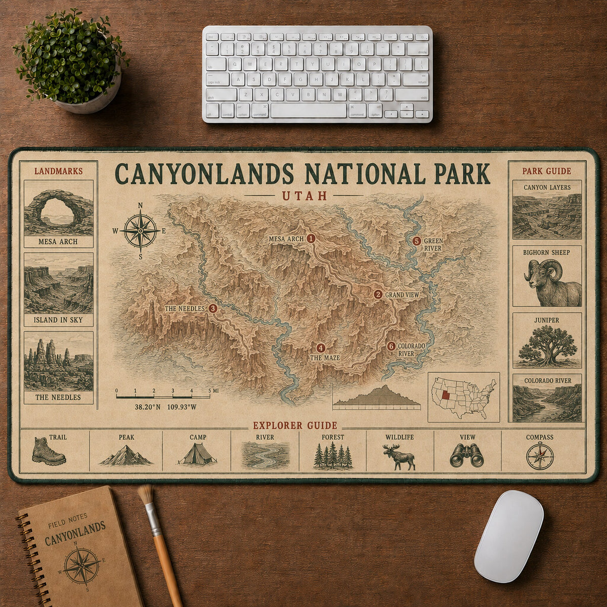 Canyonlands National Park Vintage Topographic Park Map Explorer Guide Desk Mat | 5To9Vibe