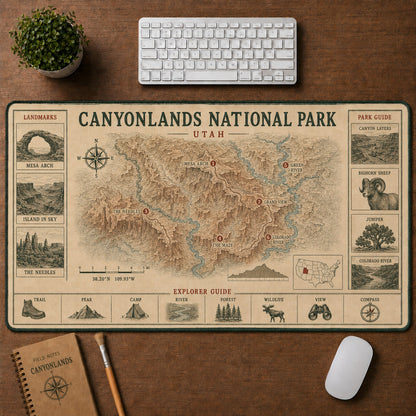 Canyonlands National Park Vintage Topographic Park Map Explorer Guide Desk Mat | 5To9Vibe