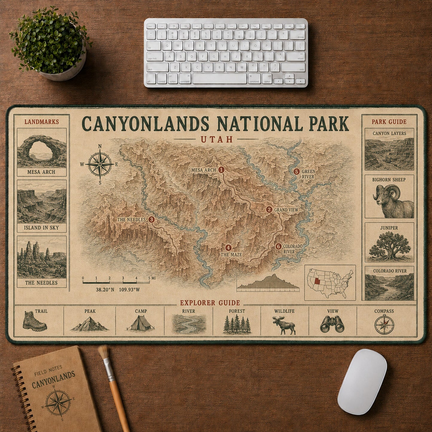 Canyonlands National Park Vintage Topographic Park Map Explorer Guide Desk Mat | 5To9Vibe