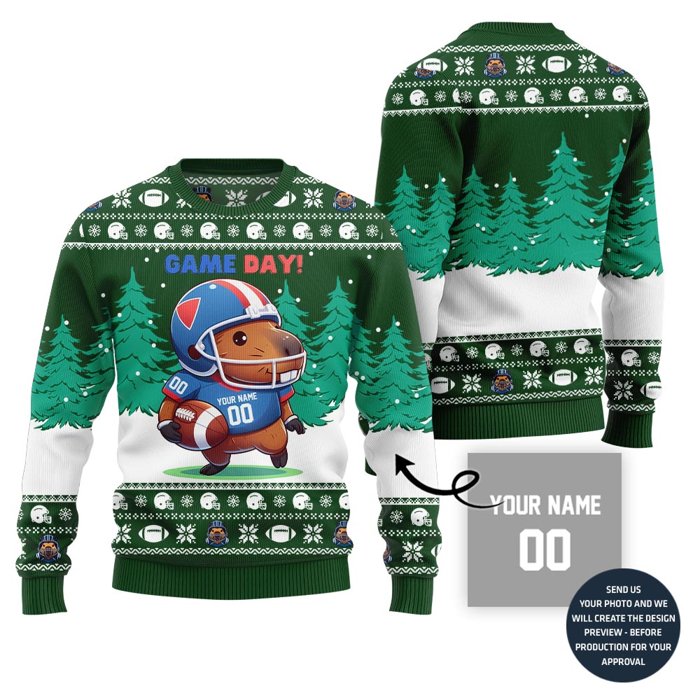Game Day Capybara Playing Football Custom Ugly Xmas Sweater