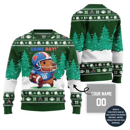 Game Day Capybara Playing Football Custom Ugly Xmas Sweater