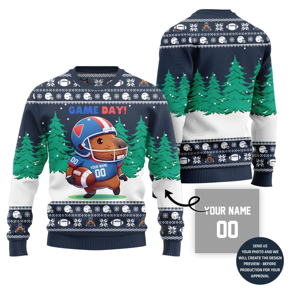 Game Day Capybara Playing Football Custom Ugly Xmas Sweater