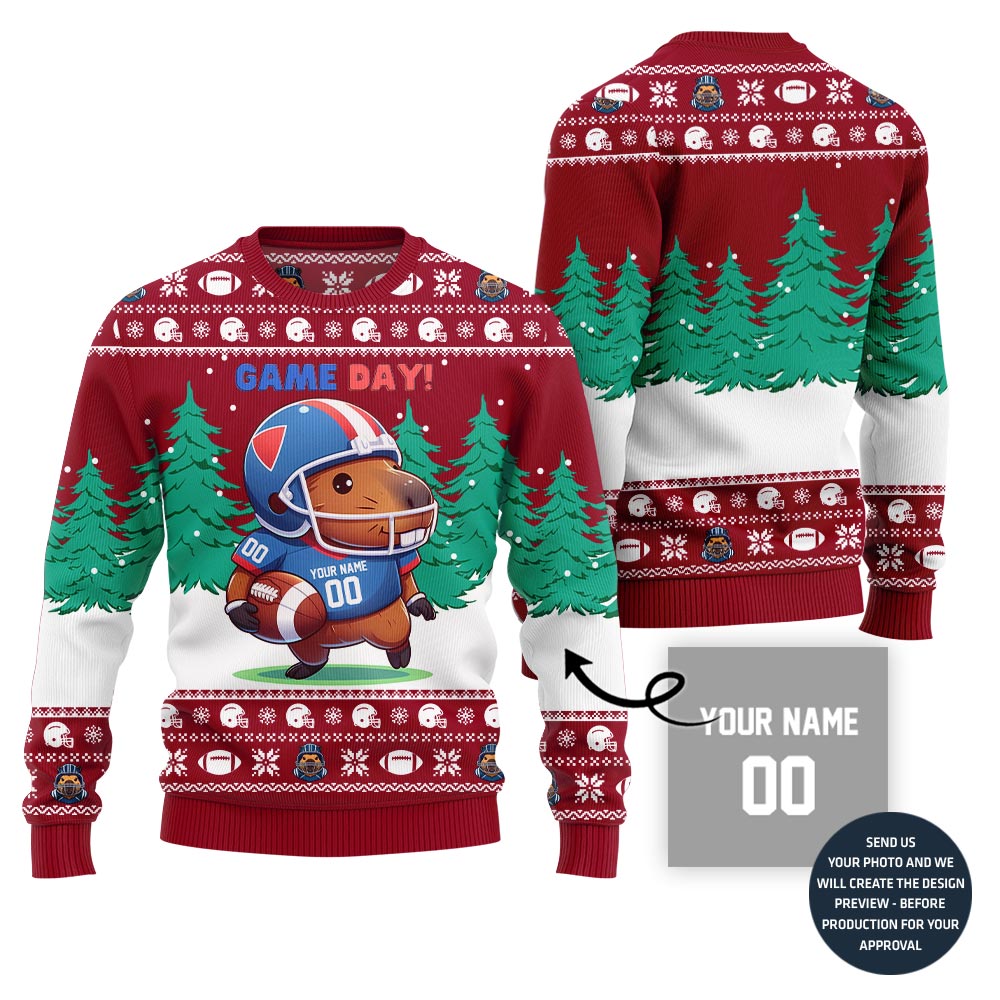 Game Day Capybara Playing Football Custom Ugly Xmas Sweater