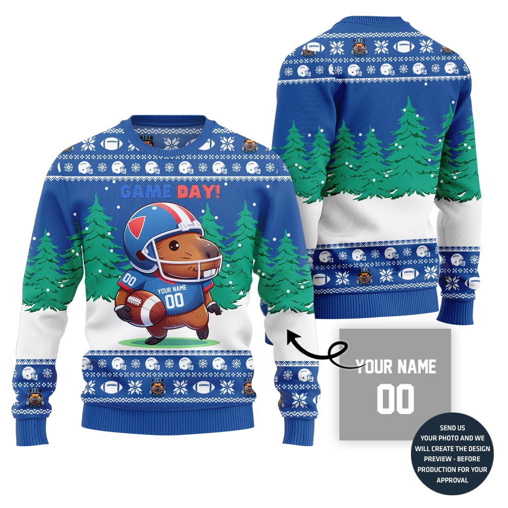 Game Day Capybara Playing Football Custom Ugly Xmas Sweater