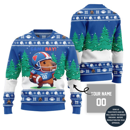 Game Day Capybara Playing Football Custom Ugly Xmas Sweater