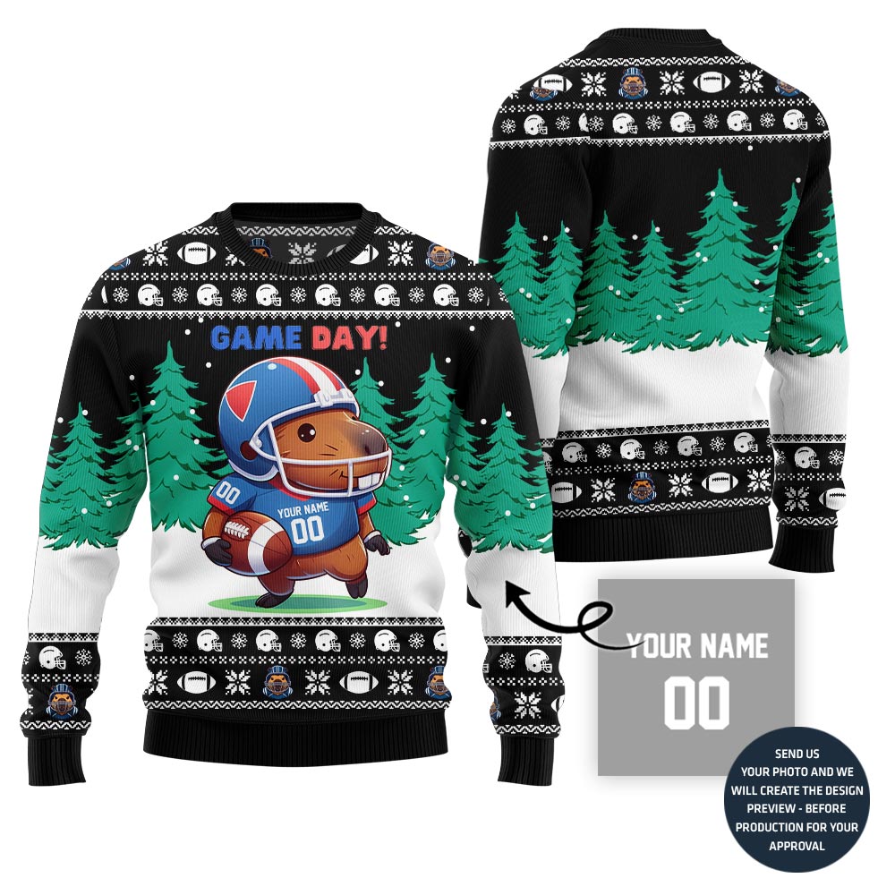 Game Day Capybara Playing Football Custom Ugly Xmas Sweater