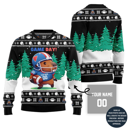 Game Day Capybara Playing Football Custom Ugly Xmas Sweater