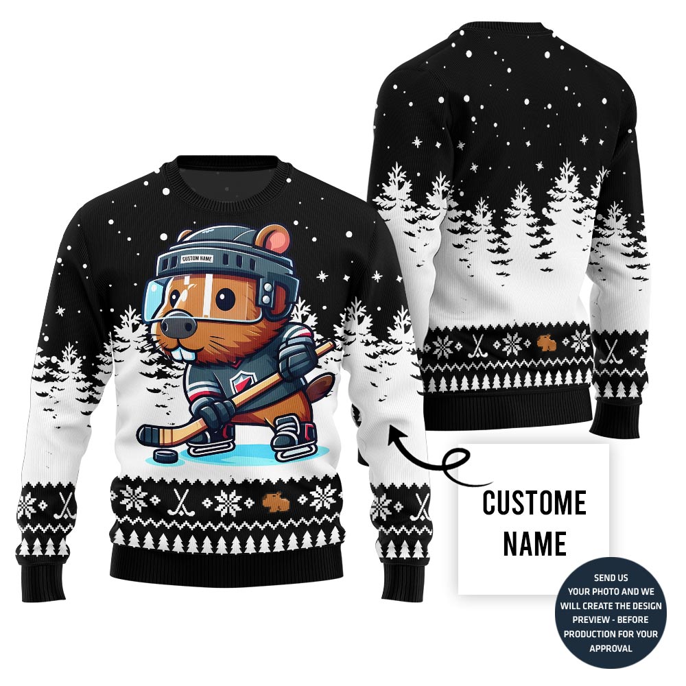 Capybara Playing Hockey Custom Name Ugly Christmas Sweater