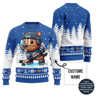 Capybara Playing Hockey Custom Name Ugly Christmas Sweater