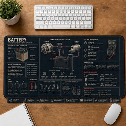 Car Battery Automotive Technical Guide Desk Mat | 5To9Vibe
