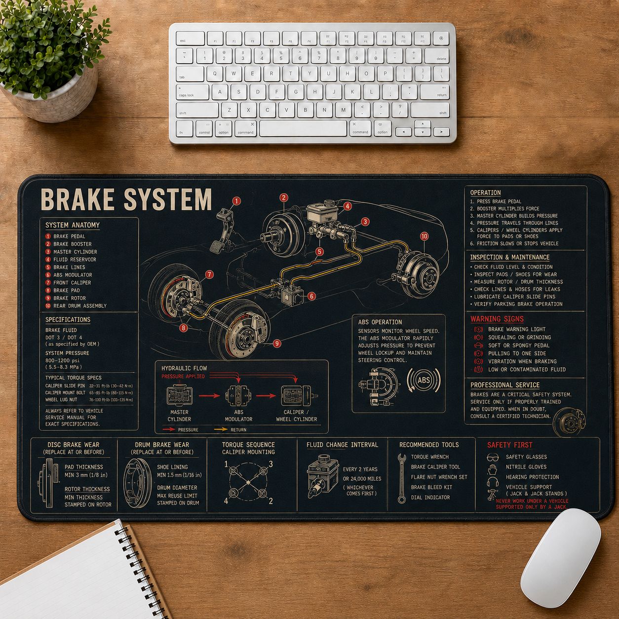 Car Brake System Automotive Technical Guide Desk Mat | 5To9Vibe