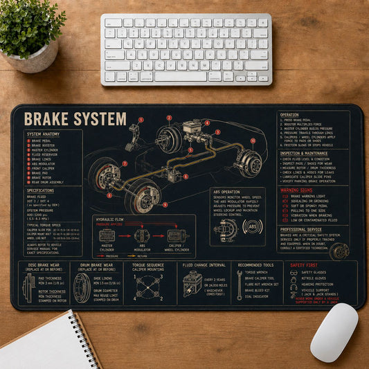 Car Brake System Automotive Technical Guide Desk Mat | 5To9Vibe