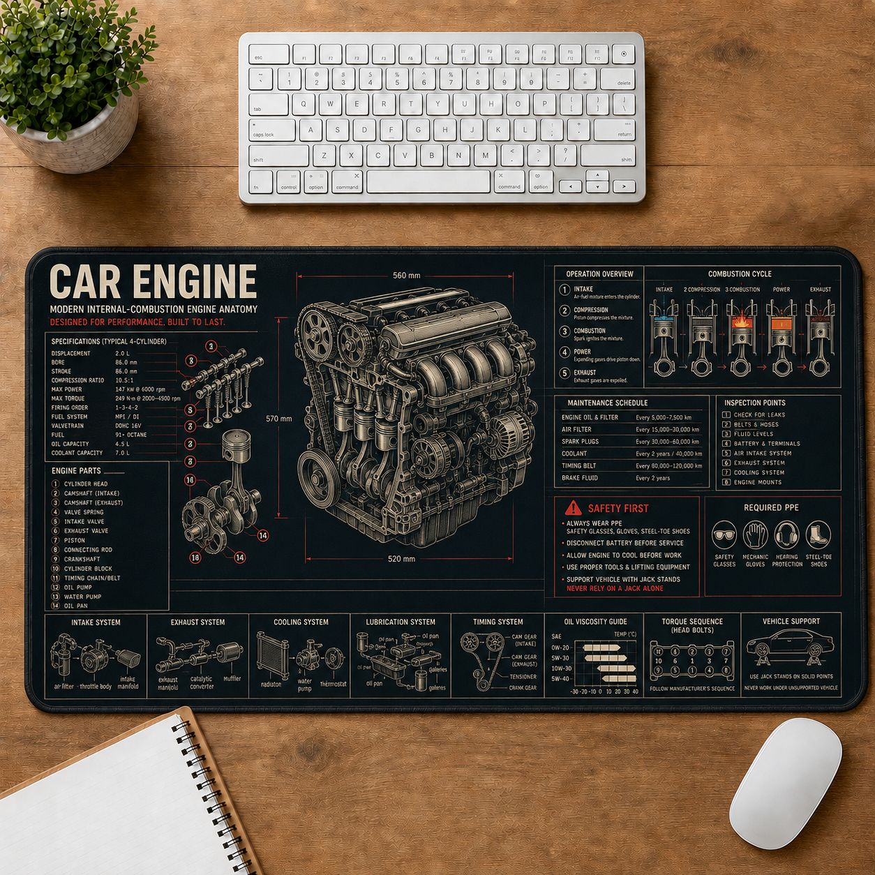 Car Engine Automotive Technical Guide Desk Mat | 5To9Vibe