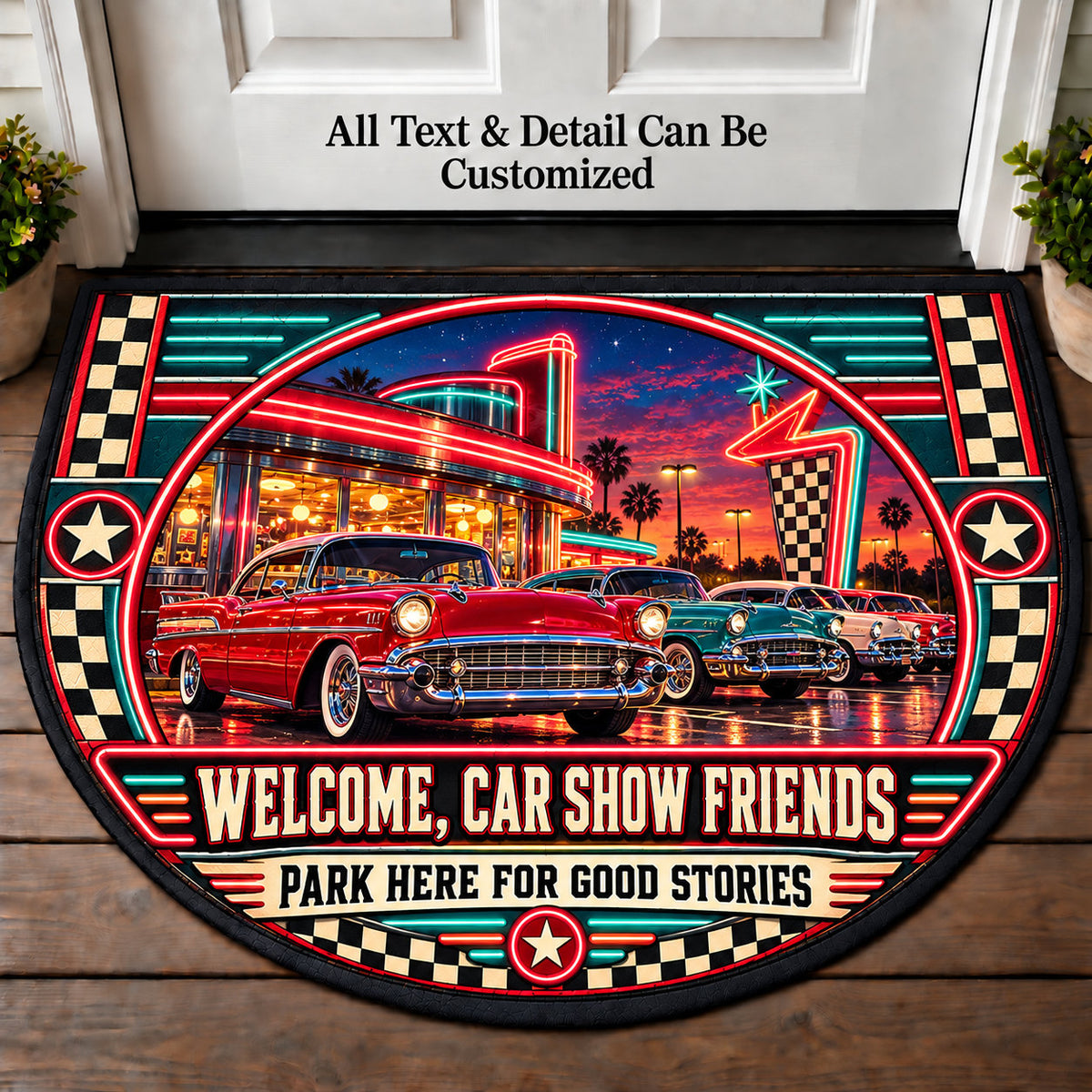 Neon Diner - Car Show Crew Personalized Half Round Mat | 5To9Vibe