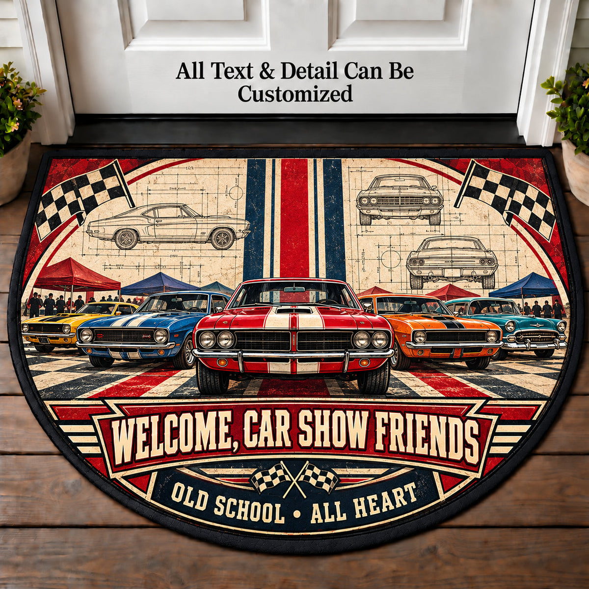 Racing Stripe Sketch - Car Show Crew Personalized Half Round Mat | 5To9Vibe