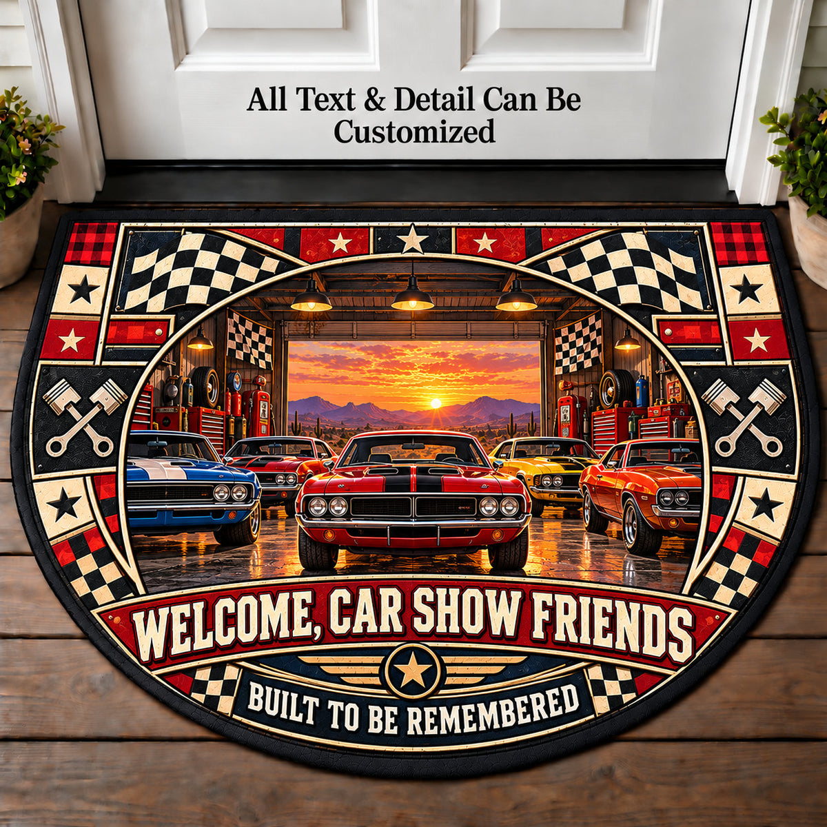 Vintage Muscle Garage - Car Show Crew Personalized Half Round Mat | 5To9Vibe