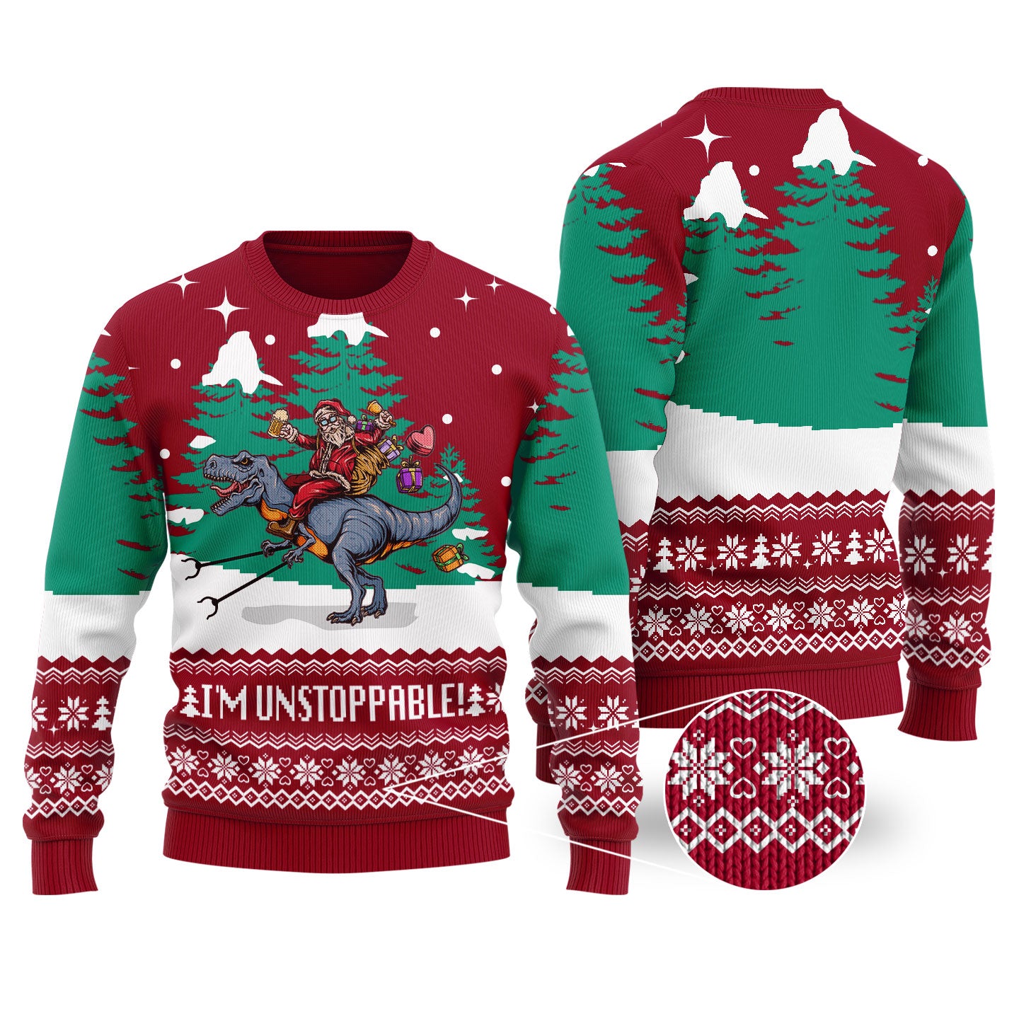 Cardinal Red Funny Santa T-Rex Christmas Sweater - Funny Ugly Christmas Sweater