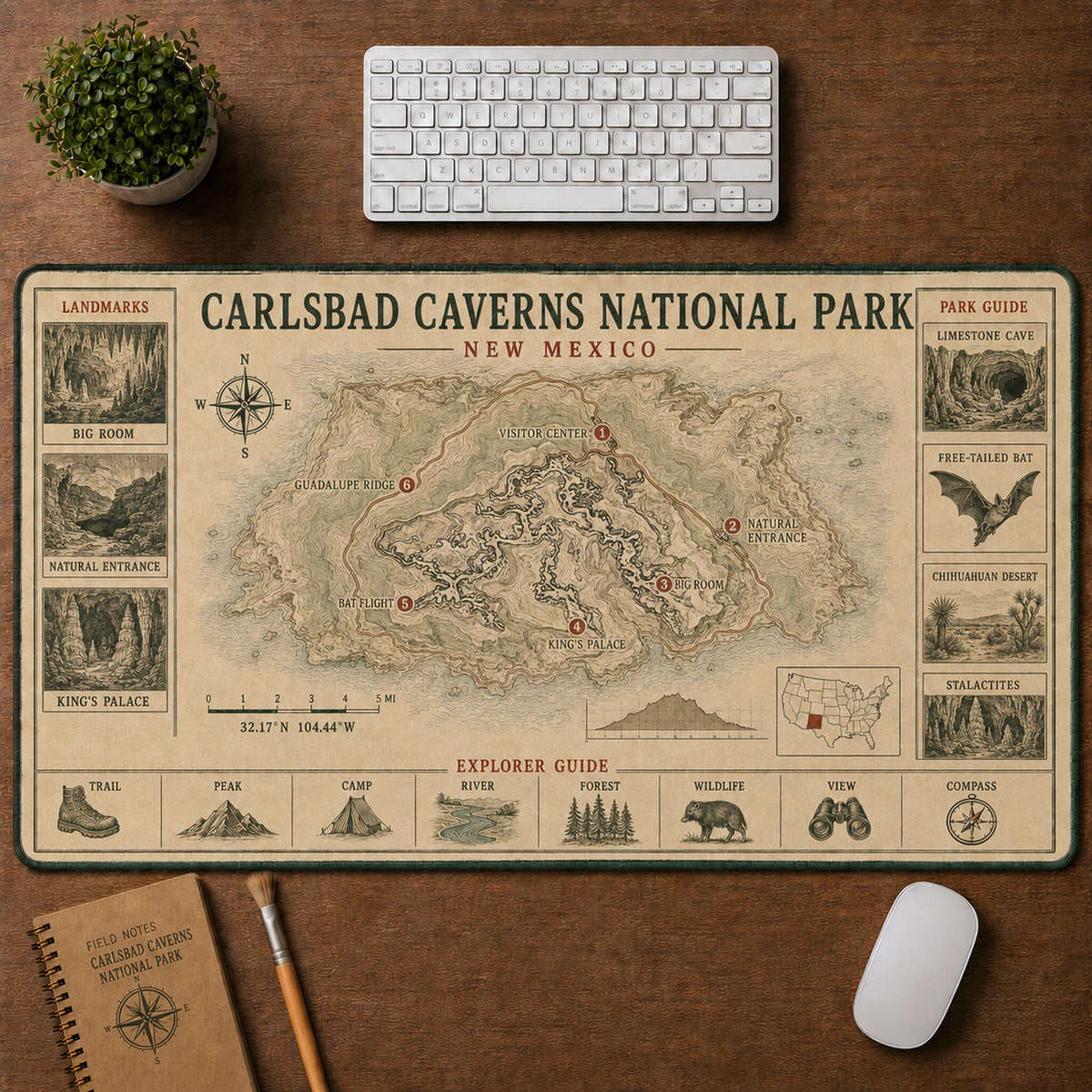 Carlsbad Caverns National Park Vintage Topographic Park Map Explorer Guide Desk Mat | 5To9Vibe