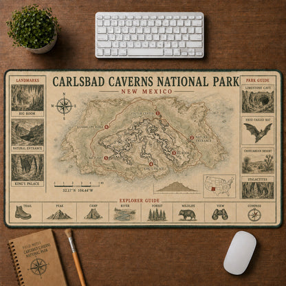 Carlsbad Caverns National Park Vintage Topographic Park Map Explorer Guide Desk Mat | 5To9Vibe