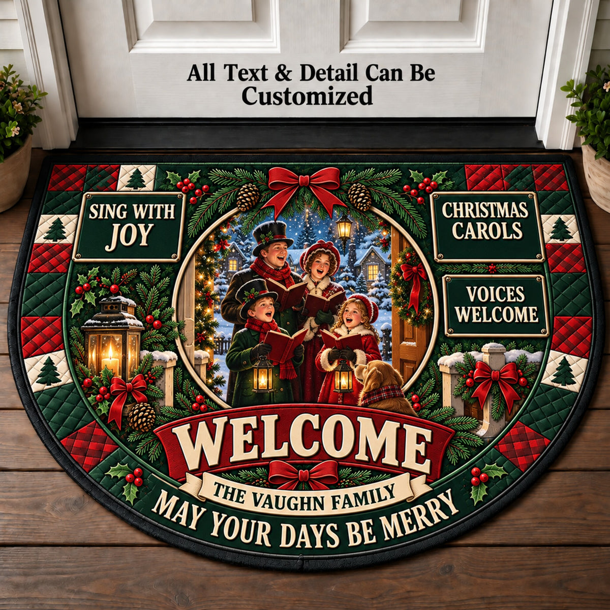 Carolers At The Door Personalized Half Round Mat | 5To9Vibe