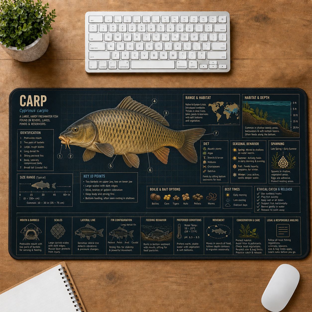 Carp Fishing Field Guide Desk Mat | 5To9Vibe