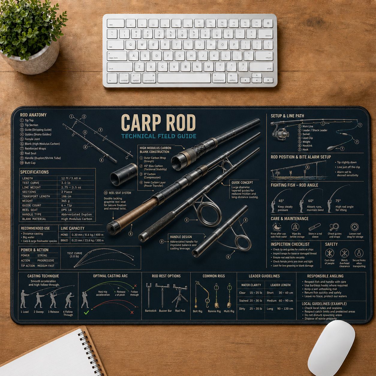 Carp Rod Fishing Field Guide Desk Mat | 5To9Vibe