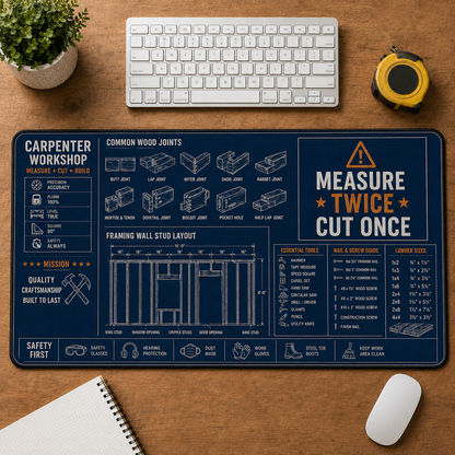 Carpenter Blueprint Large Desk Mat - Woodworking Tools & Joints Plus Size Mouse Pad - 5to9vibe