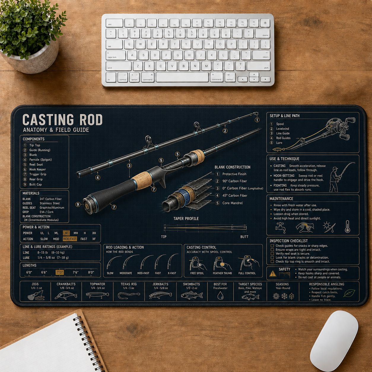 Casting Rod Fishing Field Guide Desk Mat | 5To9Vibe