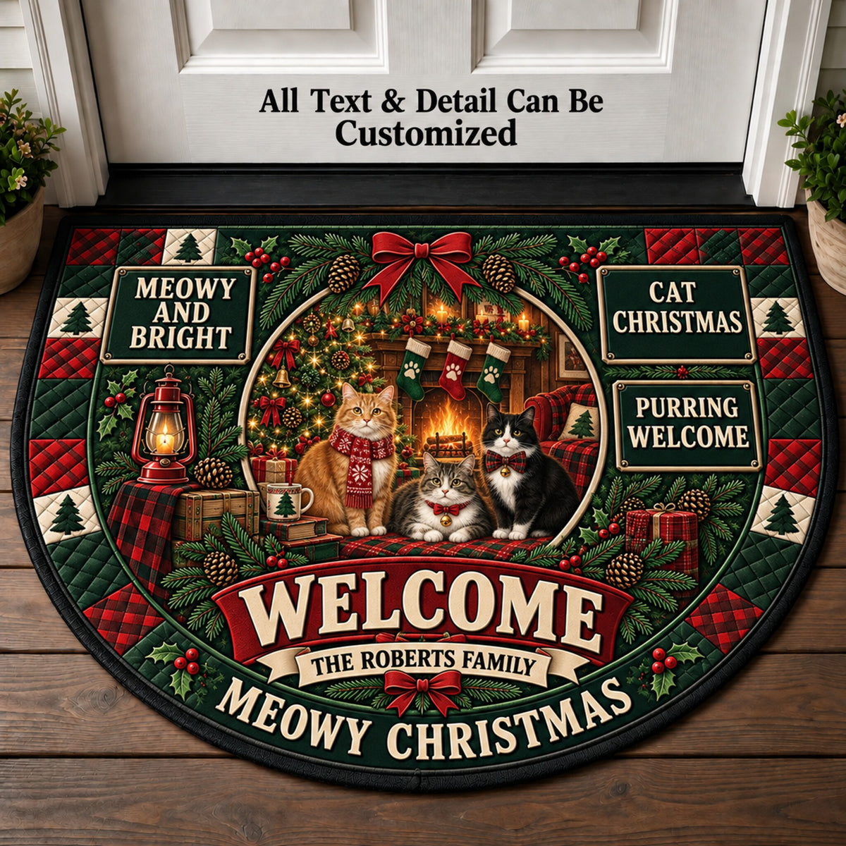 Cat Family Christmas Personalized Half Round Mat | 5To9Vibe