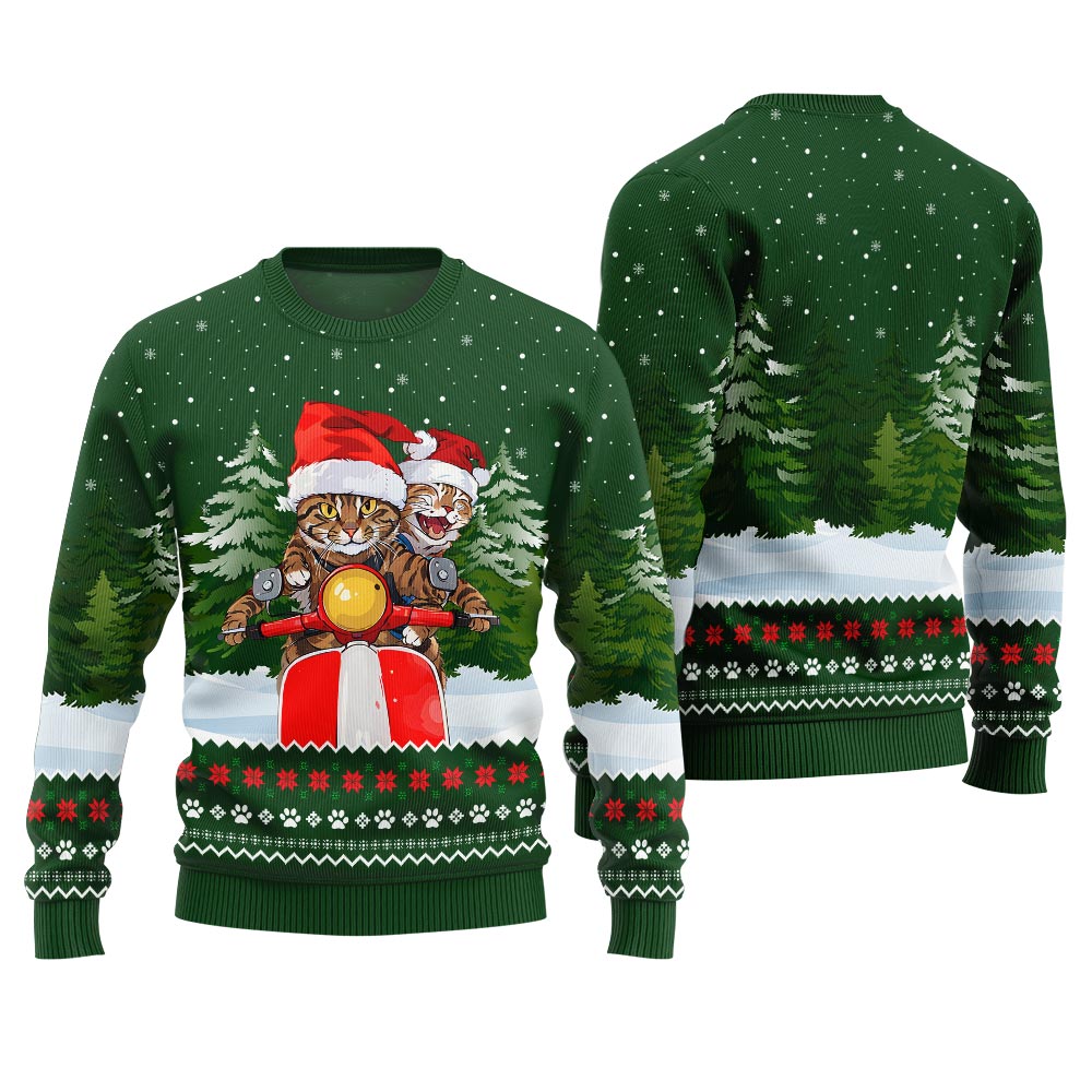 Cat Riding Motorcycle Ugly Christmas Sweater