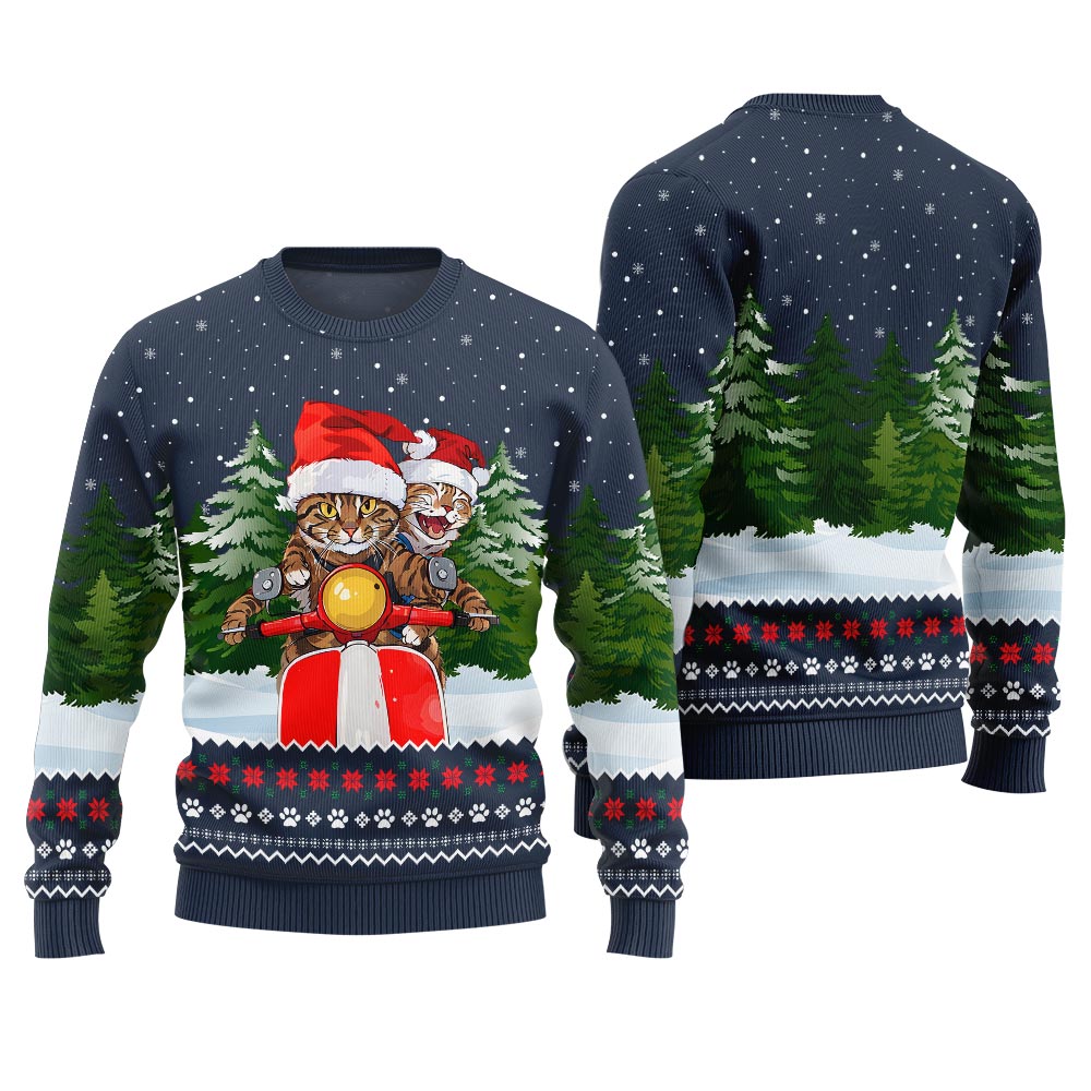 Cat Riding Motorcycle Ugly Christmas Sweater