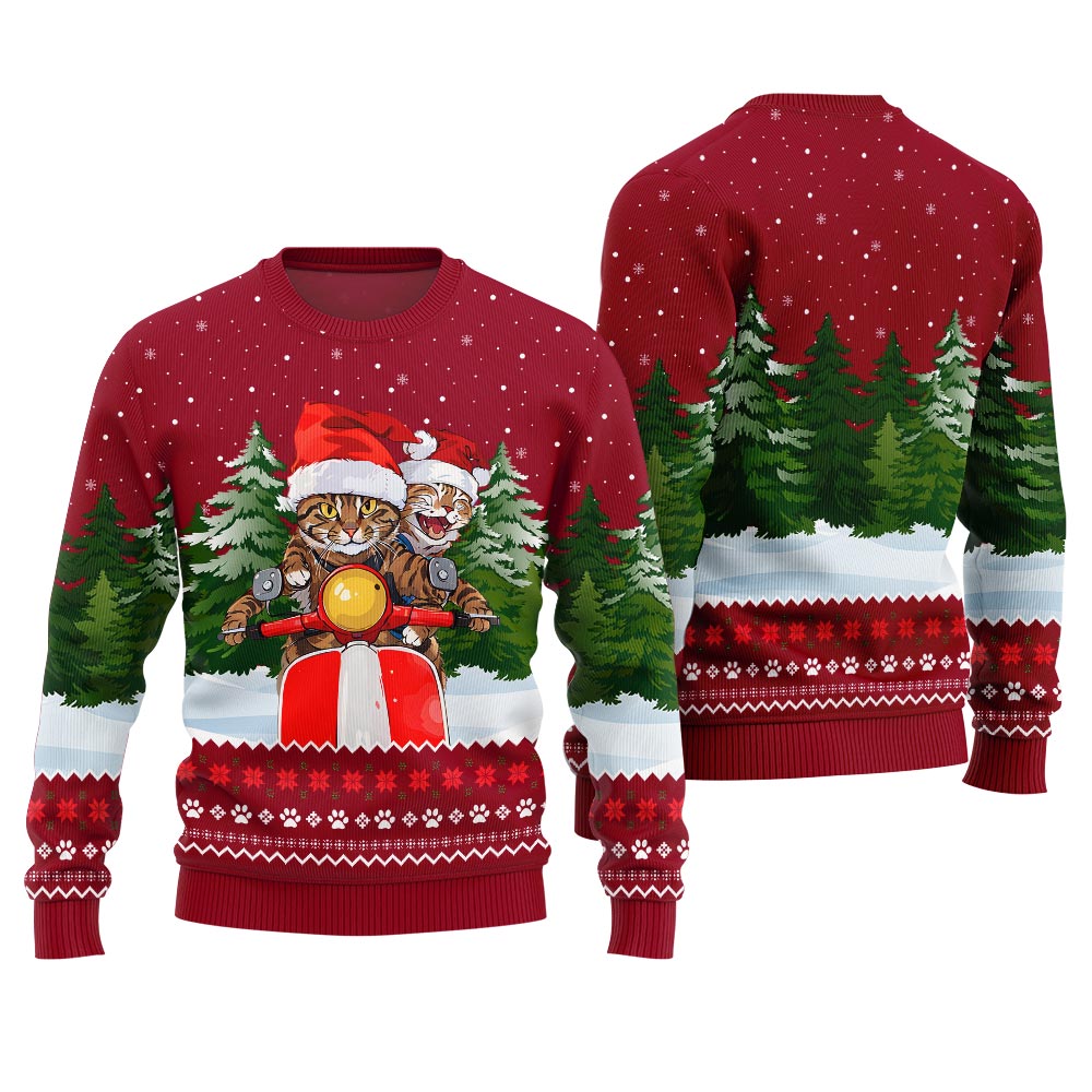 Cat Riding Motorcycle Ugly Christmas Sweater