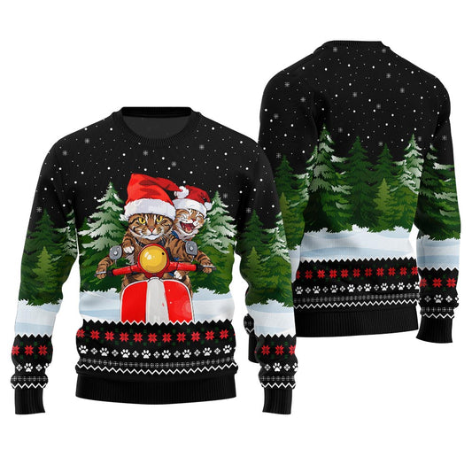 Cat Riding Motorcycle Ugly Christmas Sweater