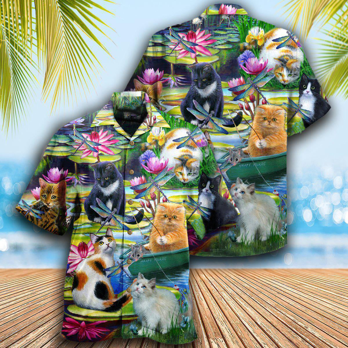 Cat Curious In A Water Lily Lake - Hawaiian Shirt 