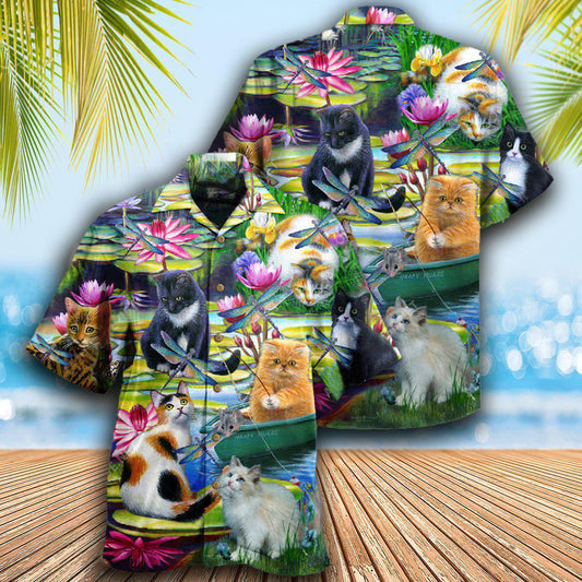 Cat Curious In A Water Lily Lake - Hawaiian Shirt 